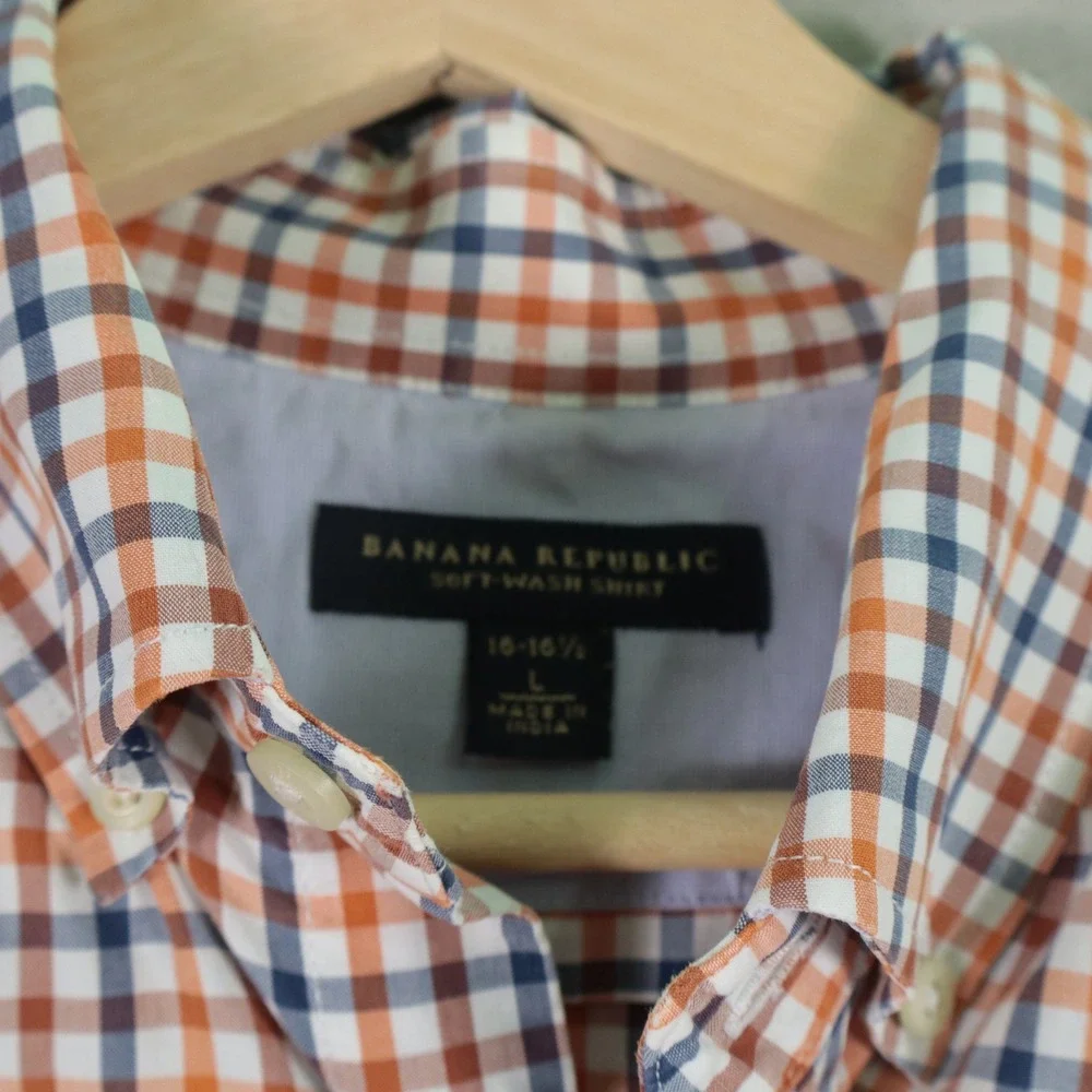 Banana Republic Soft Wash Shirt Button Down Plaid Orange Blue Mens Large